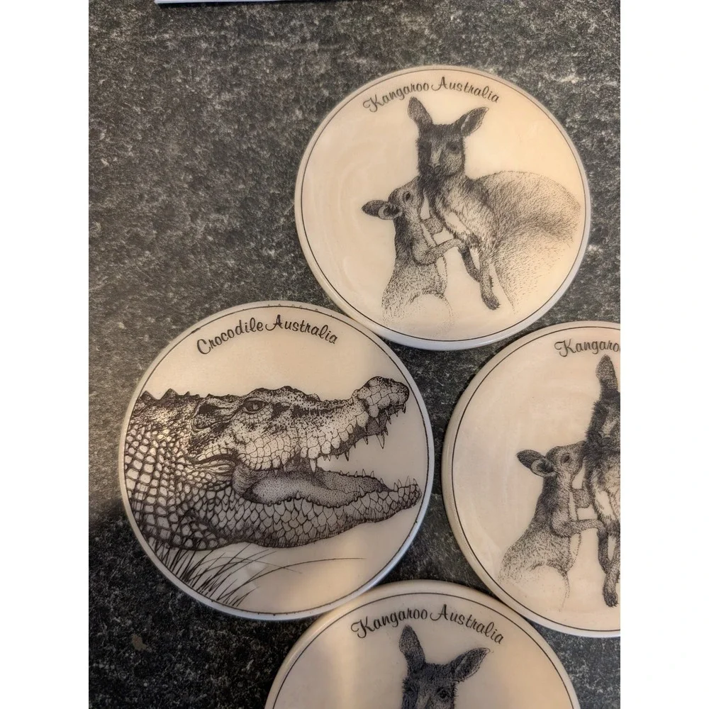Vintage Australian Wildlife Coasters Set of 4 Kangaroo Crocodile Cork Back 4